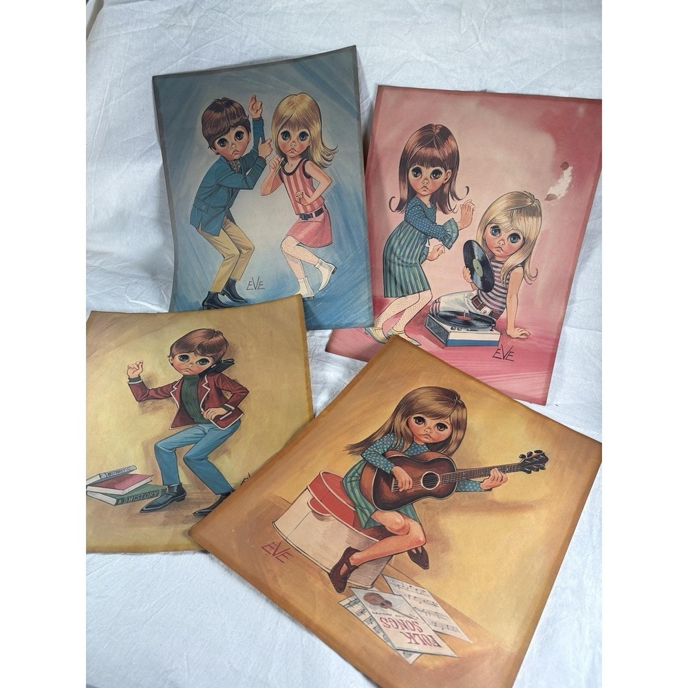 Big Eyes by Eve 1960's Litho SET OF 4 Prints 11"X14" Art Boy Girl Guitar Records